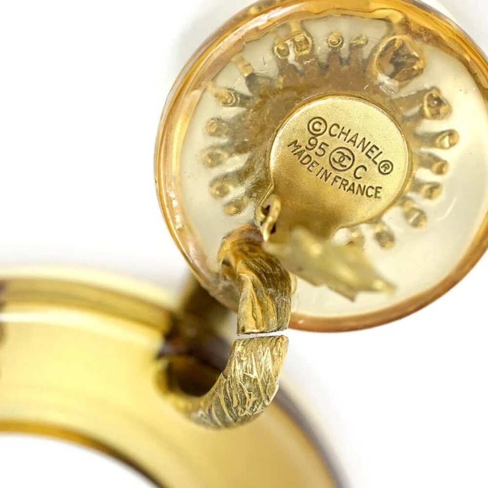 CHANEL Sun Motif Huge Lucite Hoop Dangle Earrings Gold Tone 95C w/Box USED x1130 - Picture 5 of 6